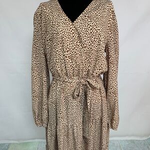 Long Sleeve Animal Print Tiered Ruffle Maxi Dress with Tie Belt.  Size L